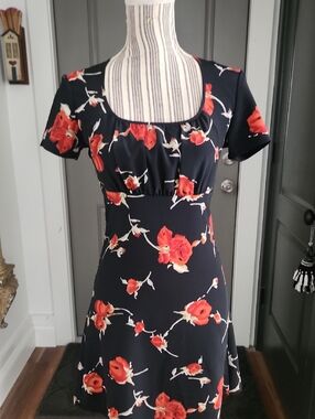 Floral Scoop-Neck Navy Blue Dress with Red Orange Blooms